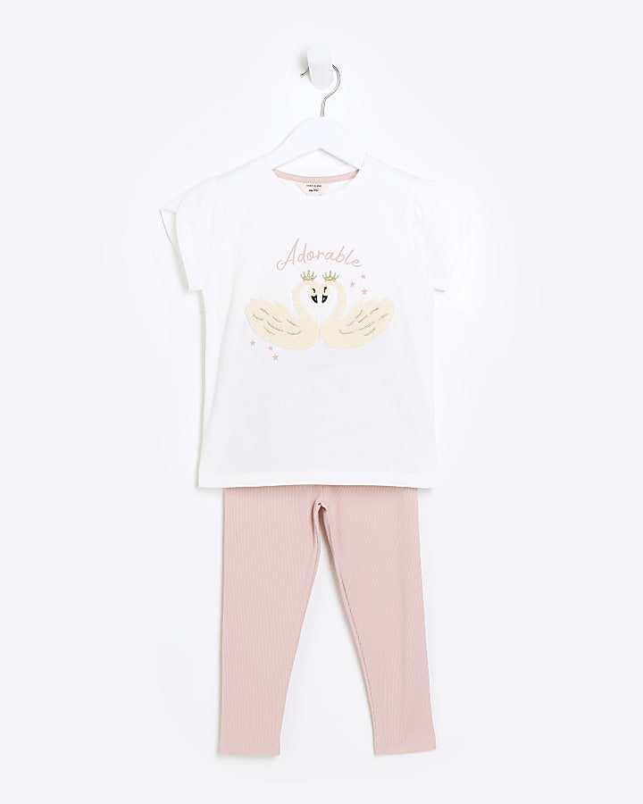 Mini Girls Ecru Swan T-shirt and Leggings Set