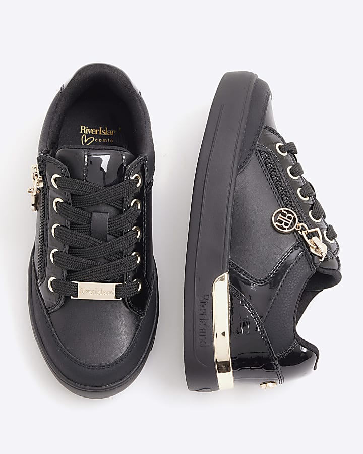 Girls black patent zip detail trainers