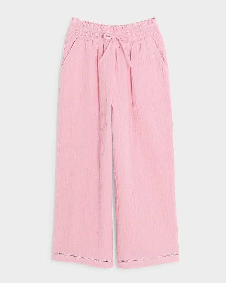 Girls pink textured wide leg trousers