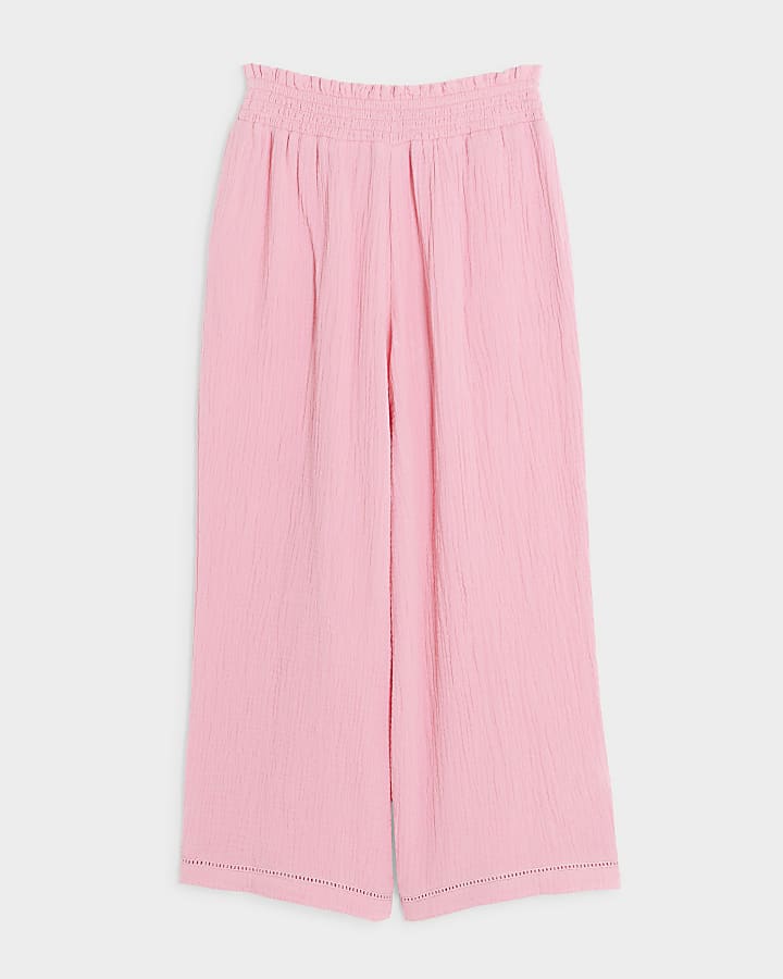 Girls pink textured wide leg trousers