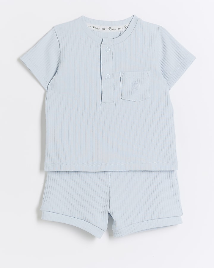 Baby boys blue ribbed t-shirt and shorts set