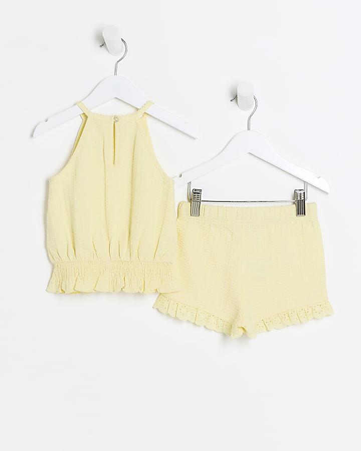 Mini girls yellow broderie top and shorts set