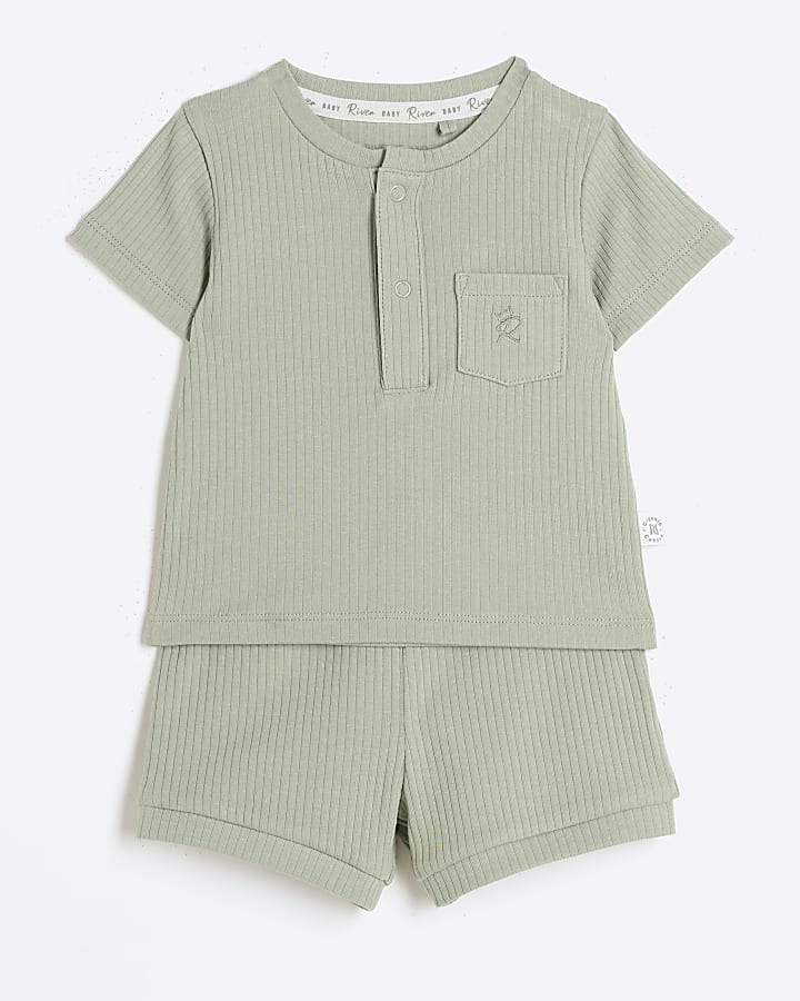 Baby boys khaki ribbed t-shirt and shorts set