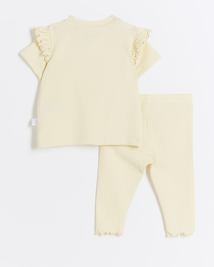 Baby girls yellow ribbed frill t-shirt set