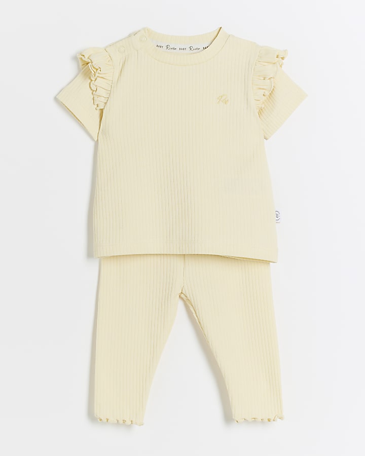 Baby girls yellow ribbed frill t-shirt set