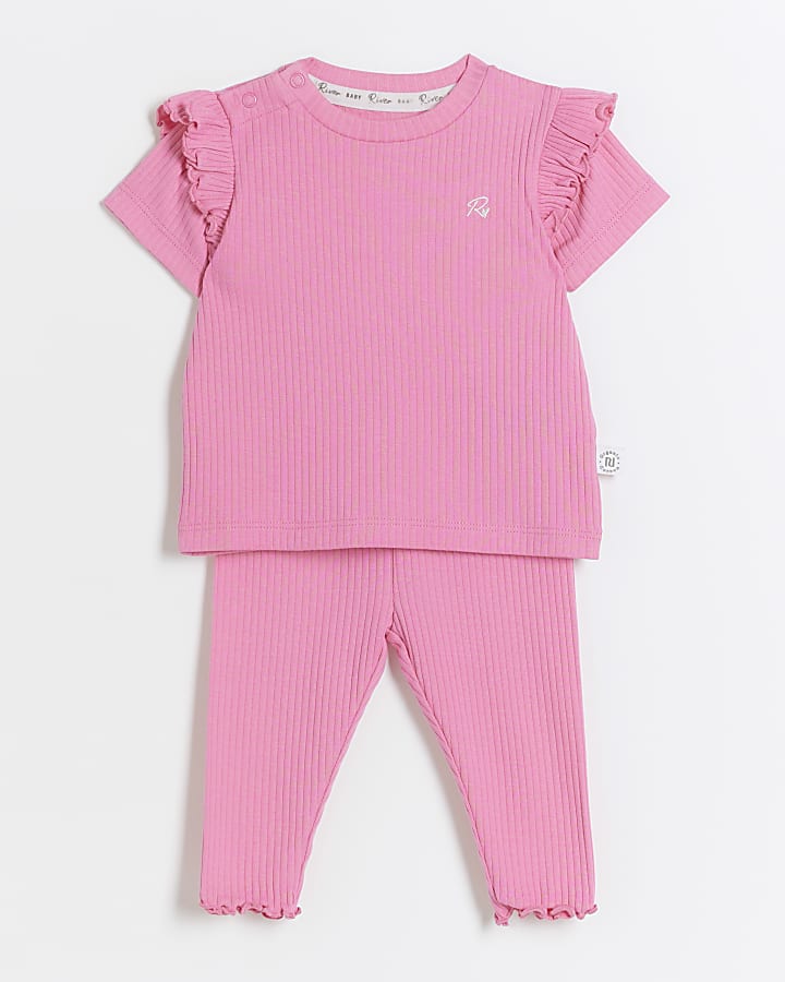 Baby girls pink ribbed frill t-shirt set