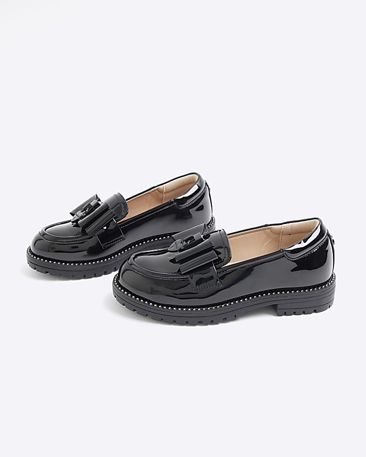 Girls Black Patent Bow Loafers