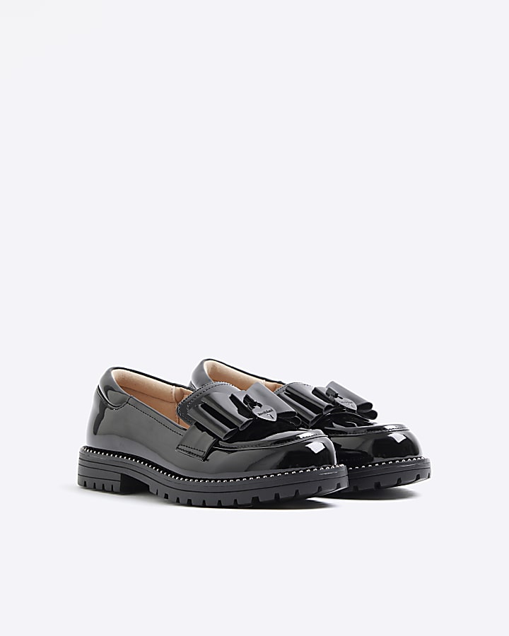 Girls Black Patent Bow Loafers