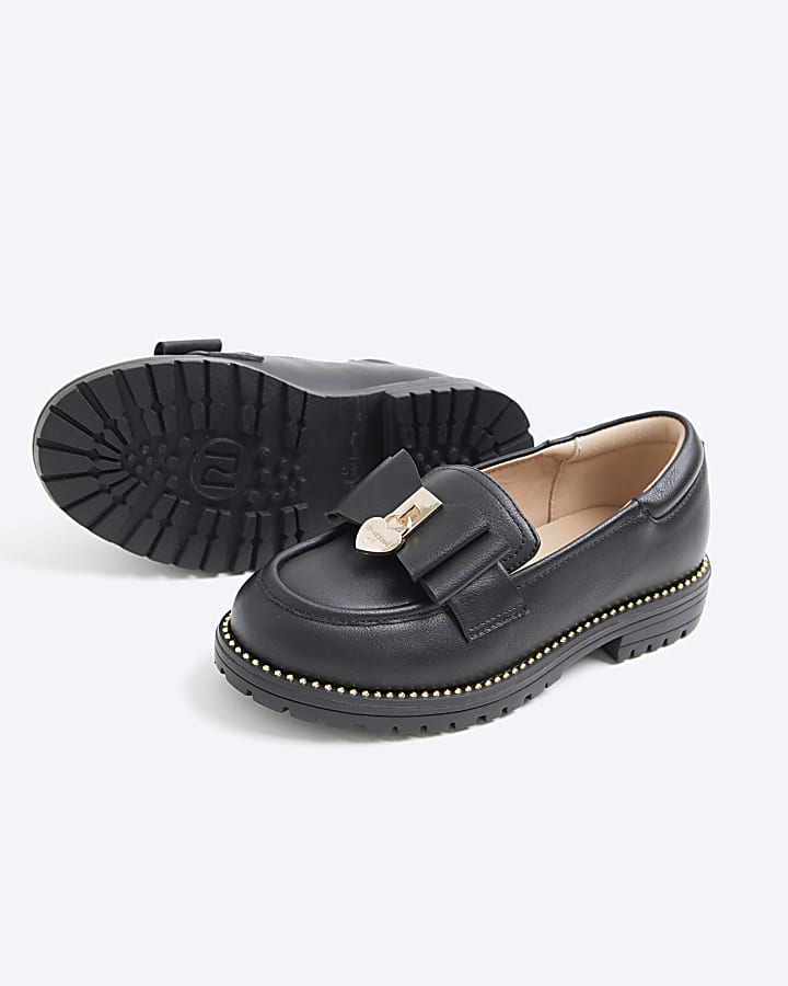 Girls black faux leather bow loafers