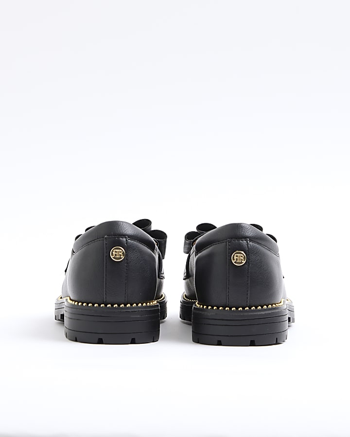 Girls black faux leather bow loafers