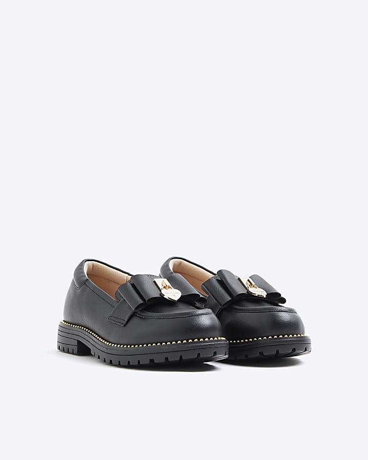 Girls black faux leather bow loafers