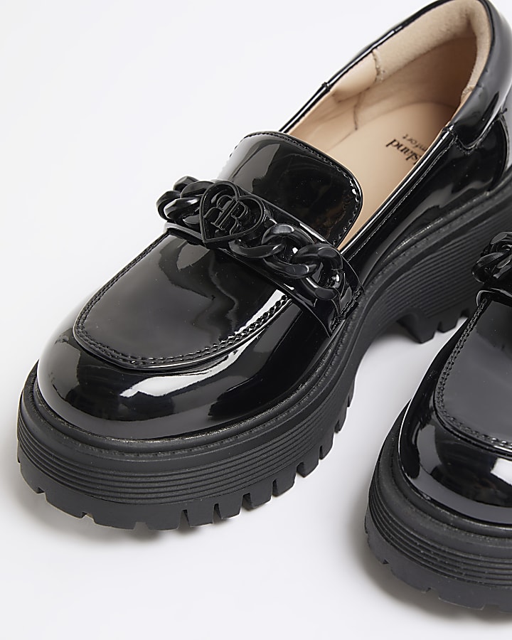 Girls black patent chain heeled loafers