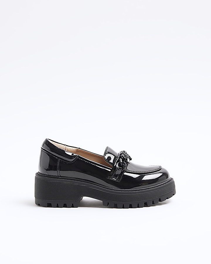 Girls black patent chain heeled loafers