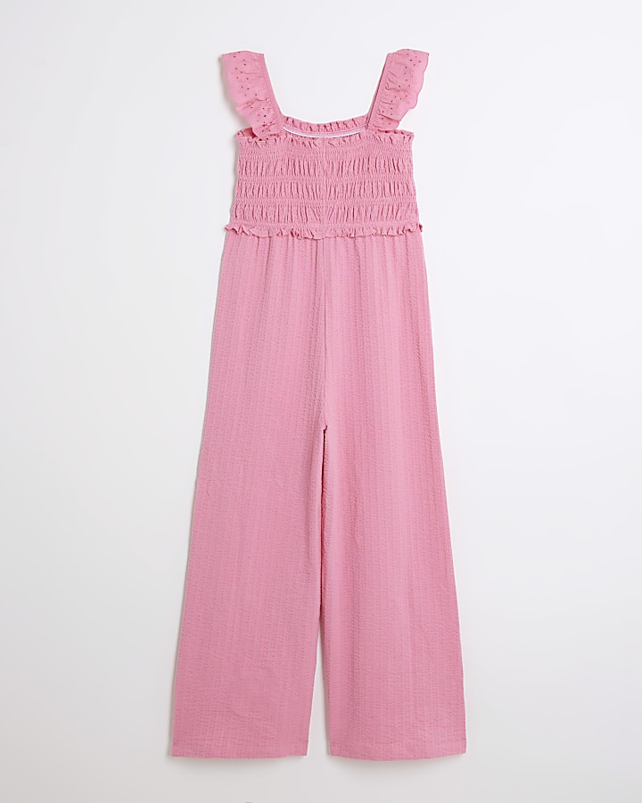 Girls pink shirred jumpsuit