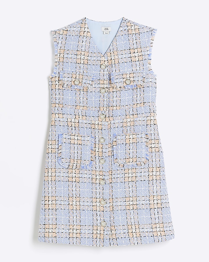 Girls blue check boucle dress