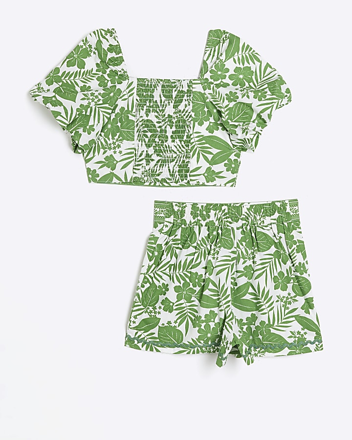 Girls green botanical cropped top set