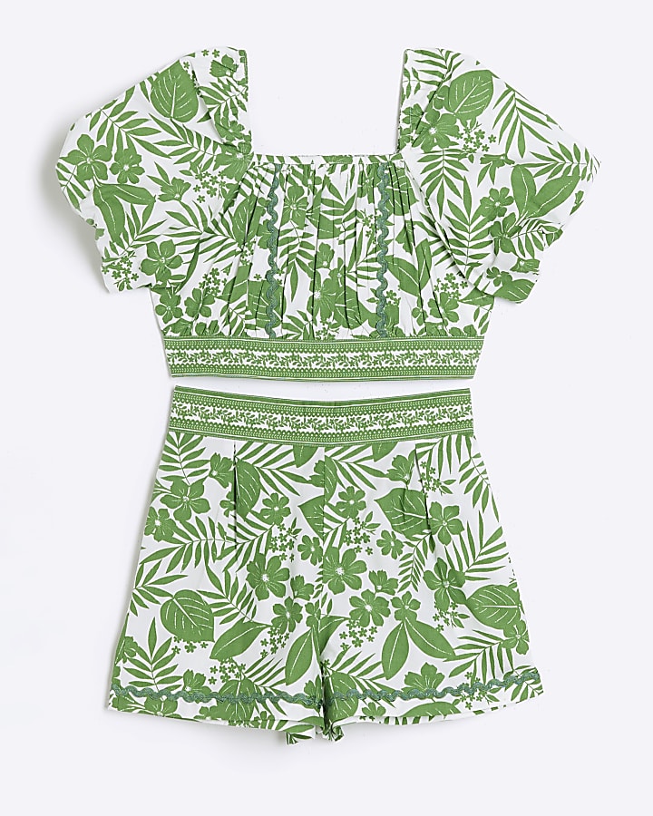 Girls green botanical cropped top set