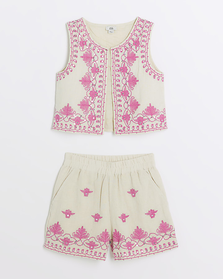 Girls pink embroidered waistcoat set