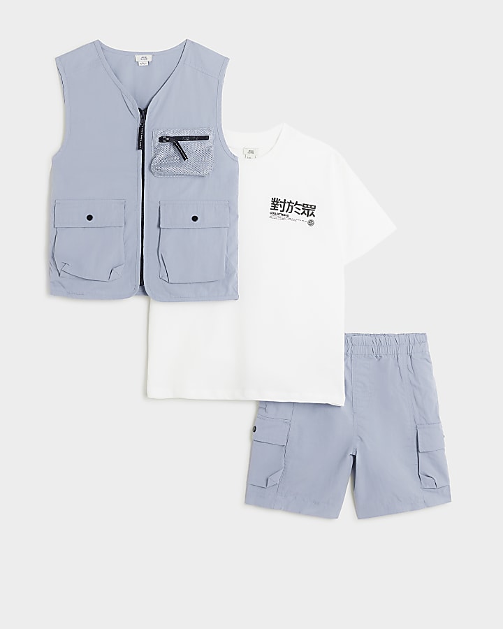 Boys blue gilet and shorts 3 piece set