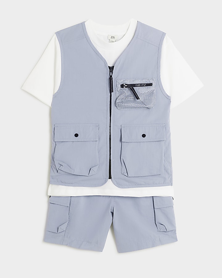 Boys blue gilet and shorts 3 piece set