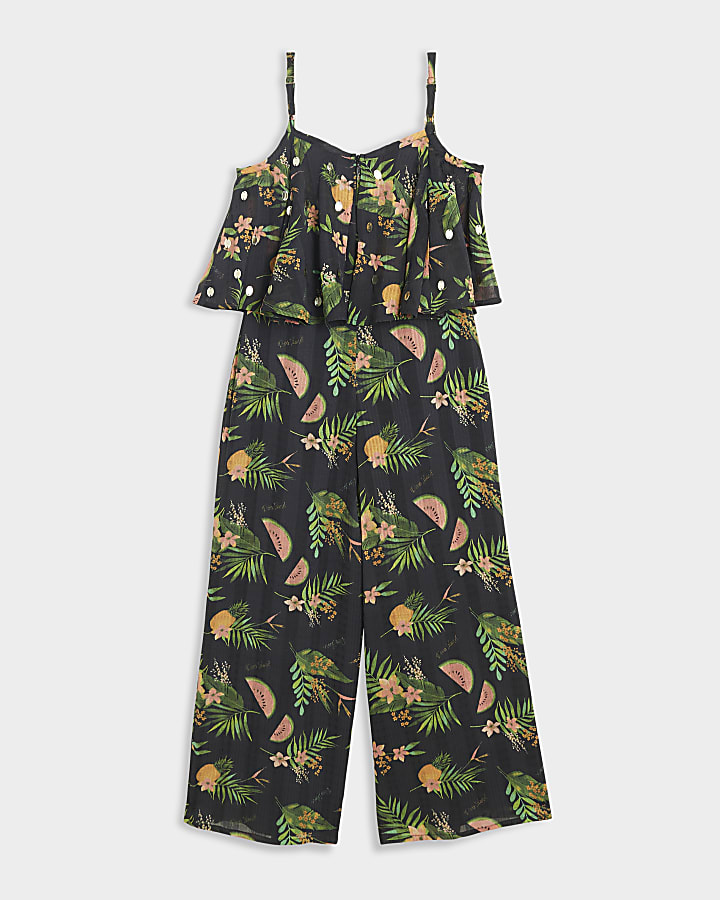 Girls black floral layered jumpsuit