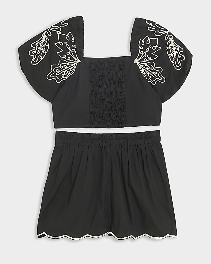 Girls black embroidered blouse and shorts set