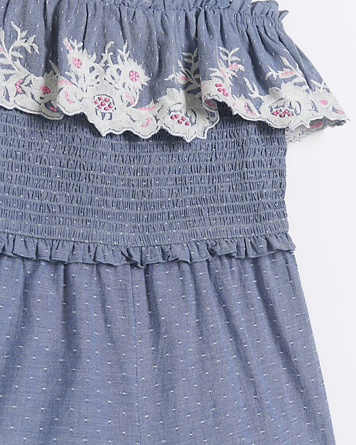 Girls blue embroidered frill playsuit