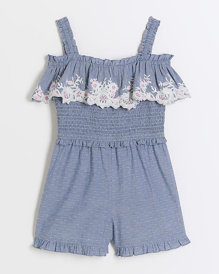 Girls blue embroidered frill playsuit