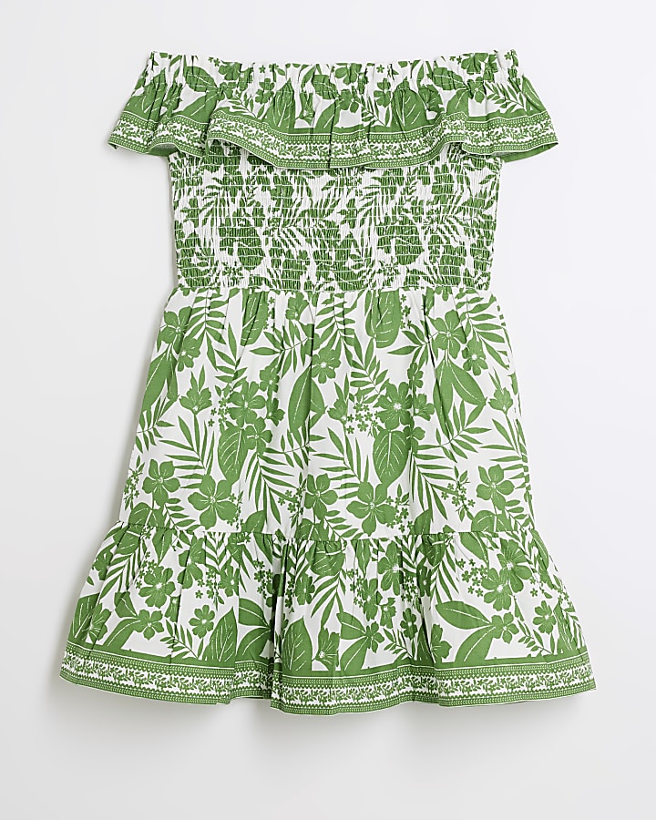 Girls green floral bardot dress