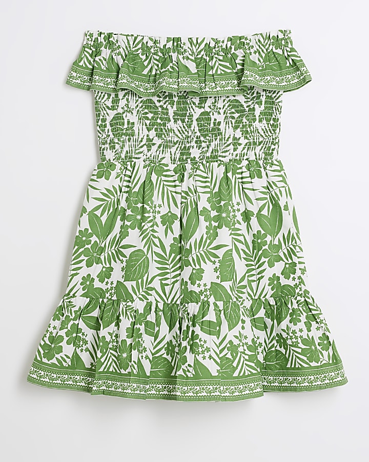 Girls green floral bardot dress