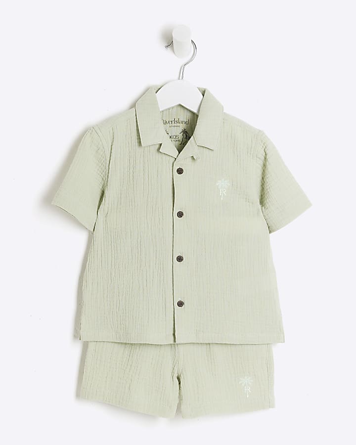 Mini boys green cheesecloth shirt set