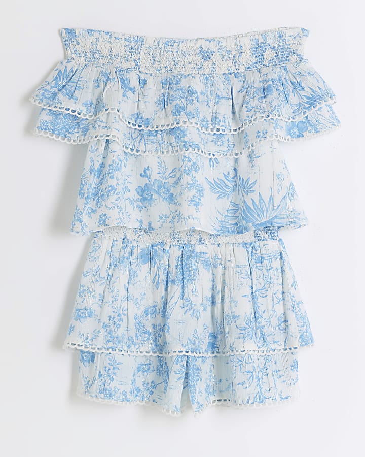 Girl blue floral bardot blouse and skirt set