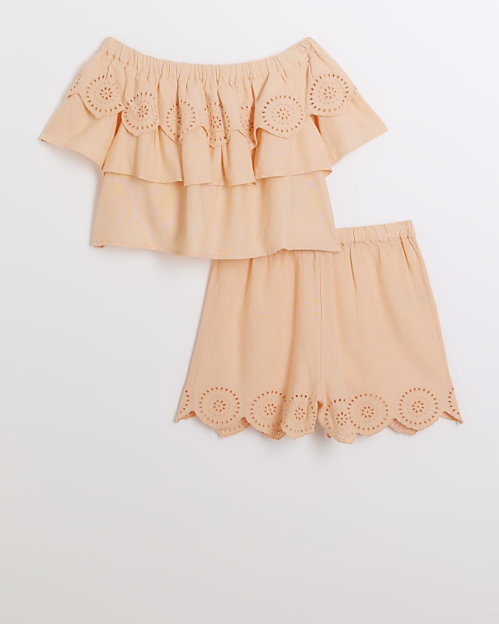 Girls coral broderie bardot shorts set