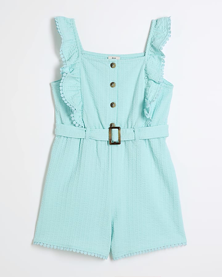 Girls turquoise textured belted playsuit