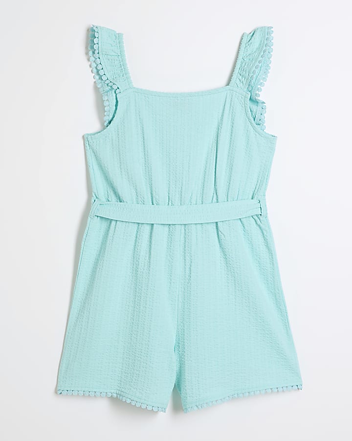 Girls turquoise textured belted playsuit