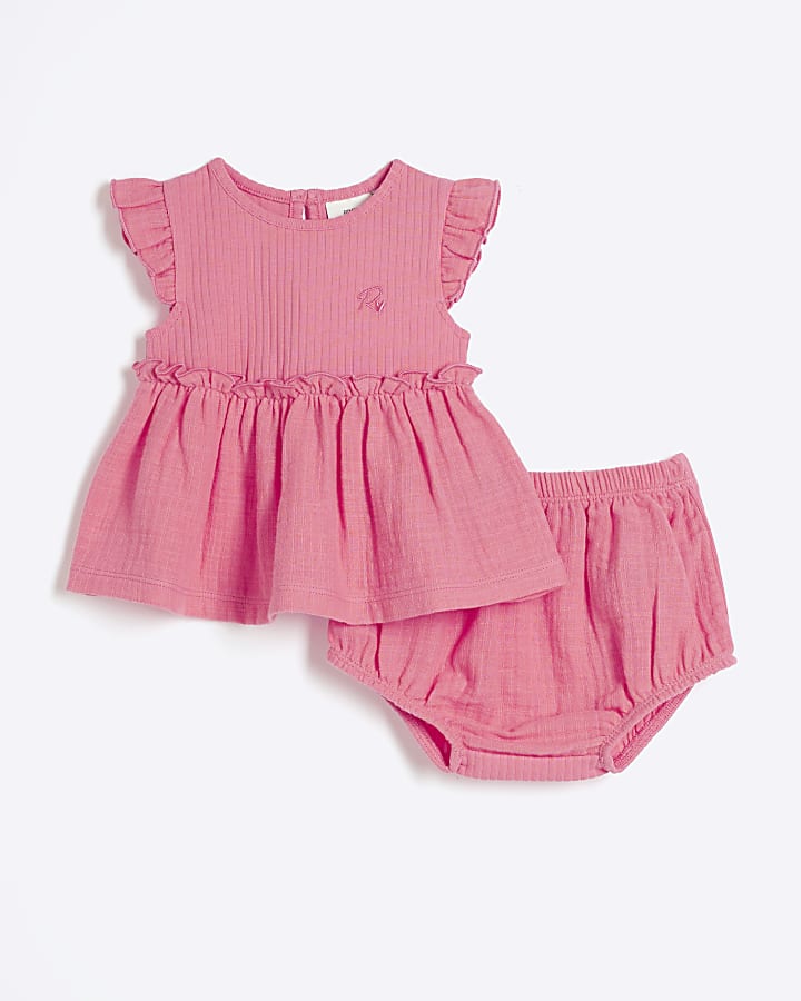 Baby girls coral peplum top and bloomers set