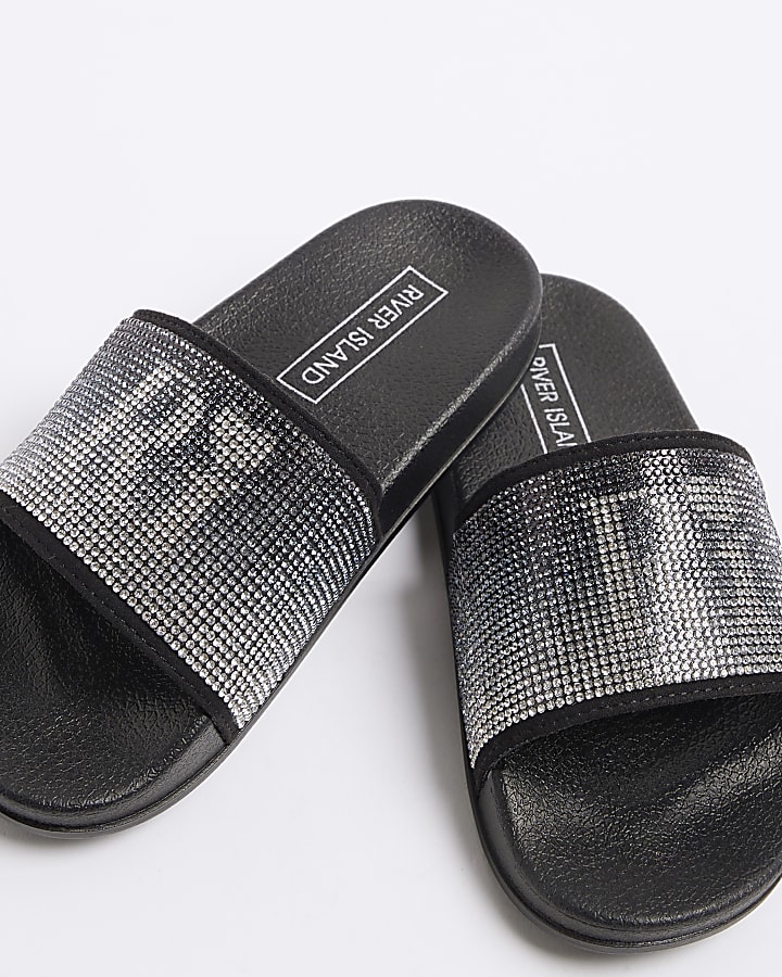 Girls black RI diamante sliders