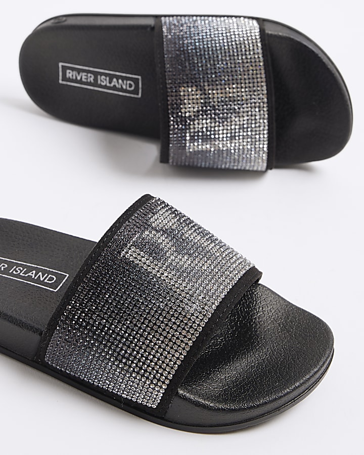 Girls black RI diamante sliders