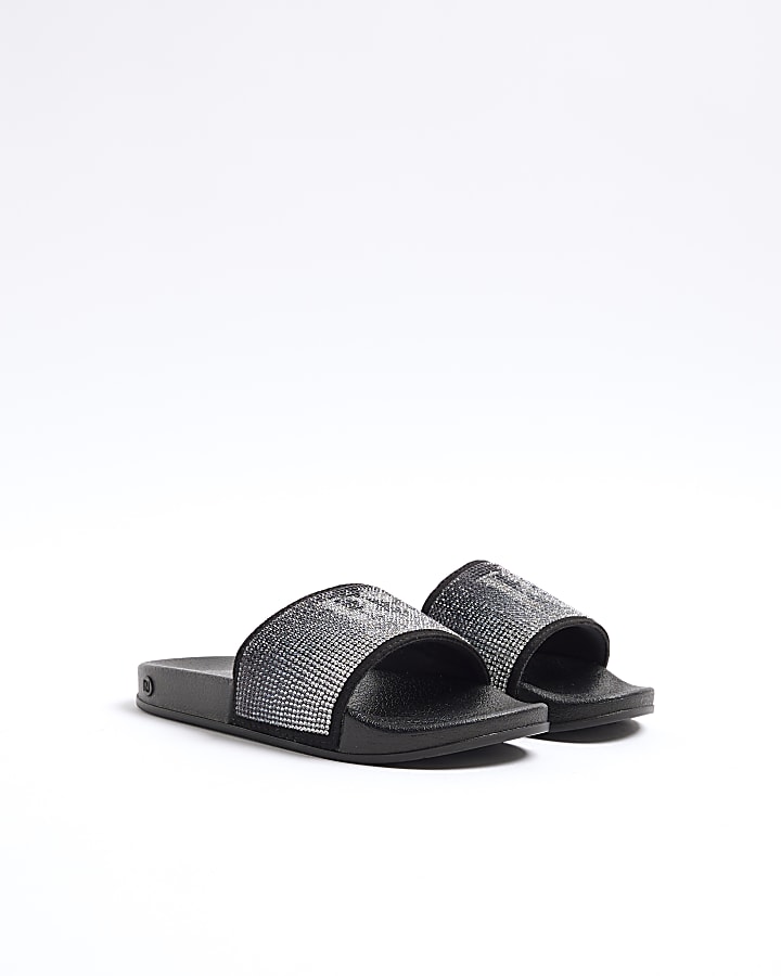 Girls black RI diamante sliders