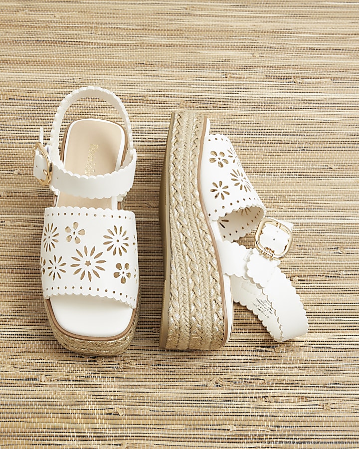 Girls white cut out scallop wedge sandals