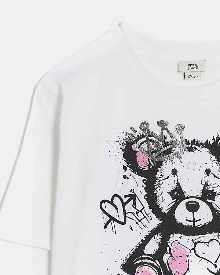 Girls white bear graffiti print t-shirt