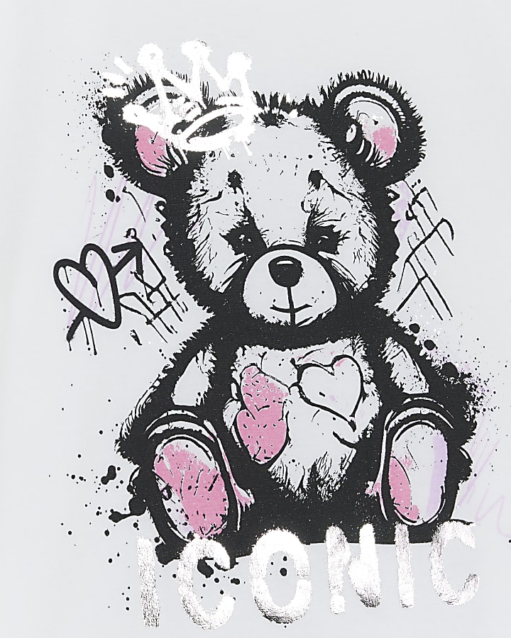 Girls white bear graffiti print t-shirt