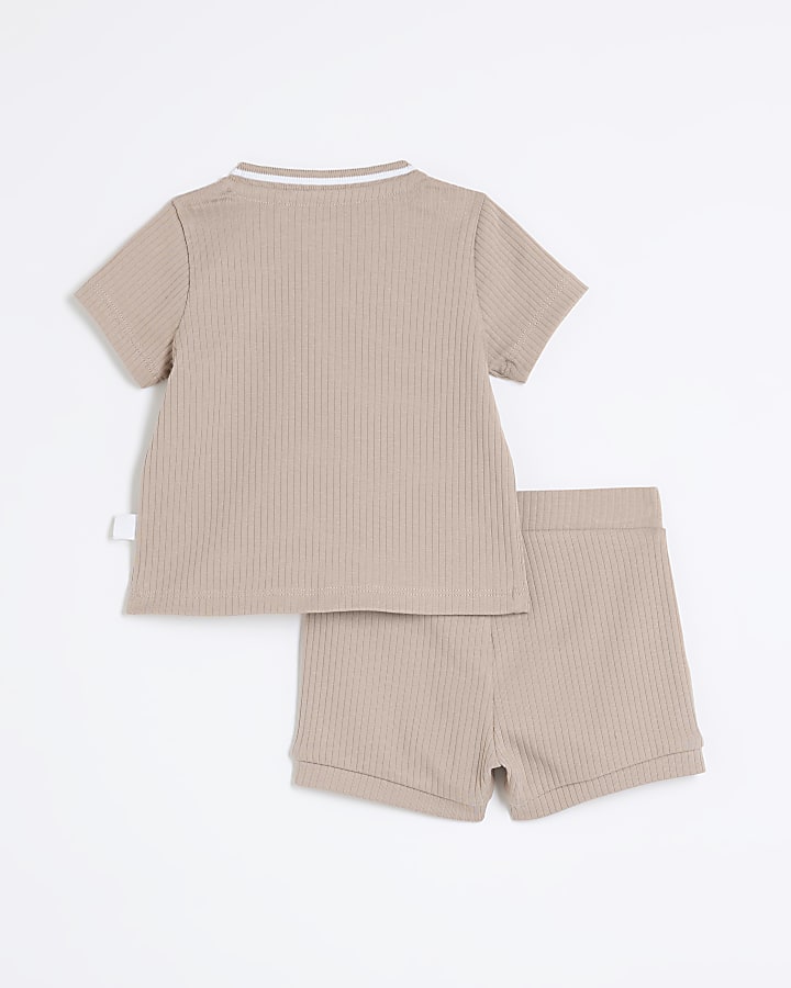 Baby boys beige ribbed t-shirt and shorts set