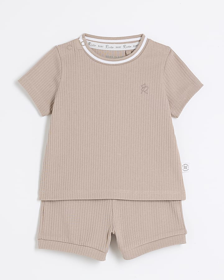 Baby boys beige ribbed t-shirt and shorts set