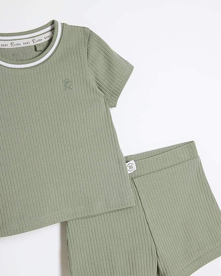 Baby boys khaki ribbed t-shirt and shorts set