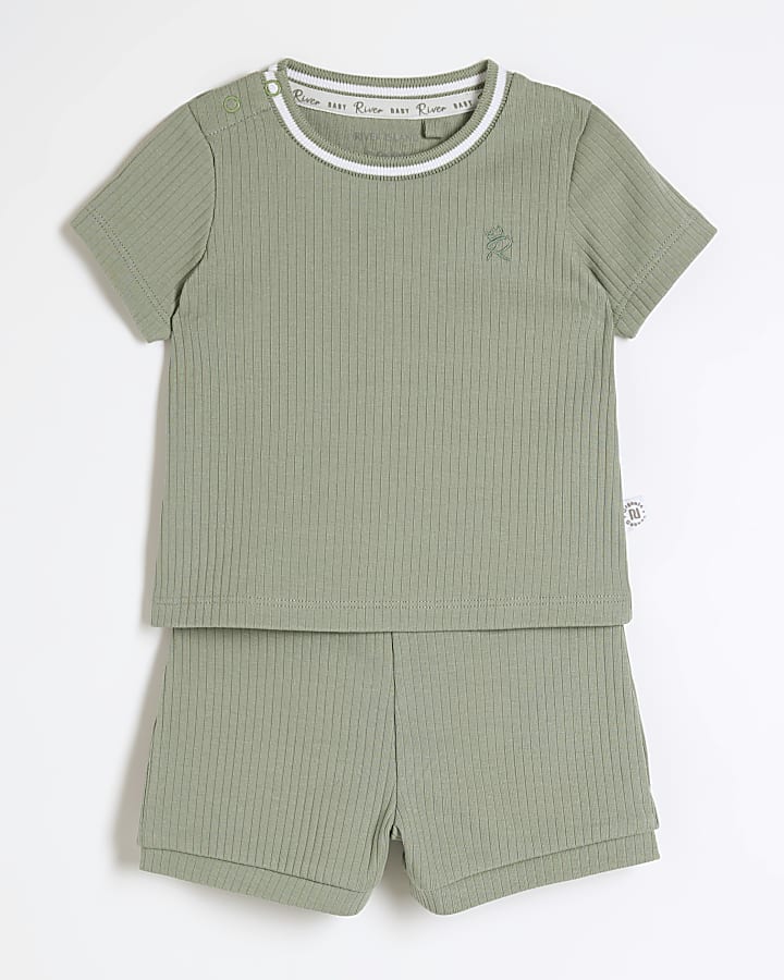 Baby boys khaki ribbed t-shirt and shorts set