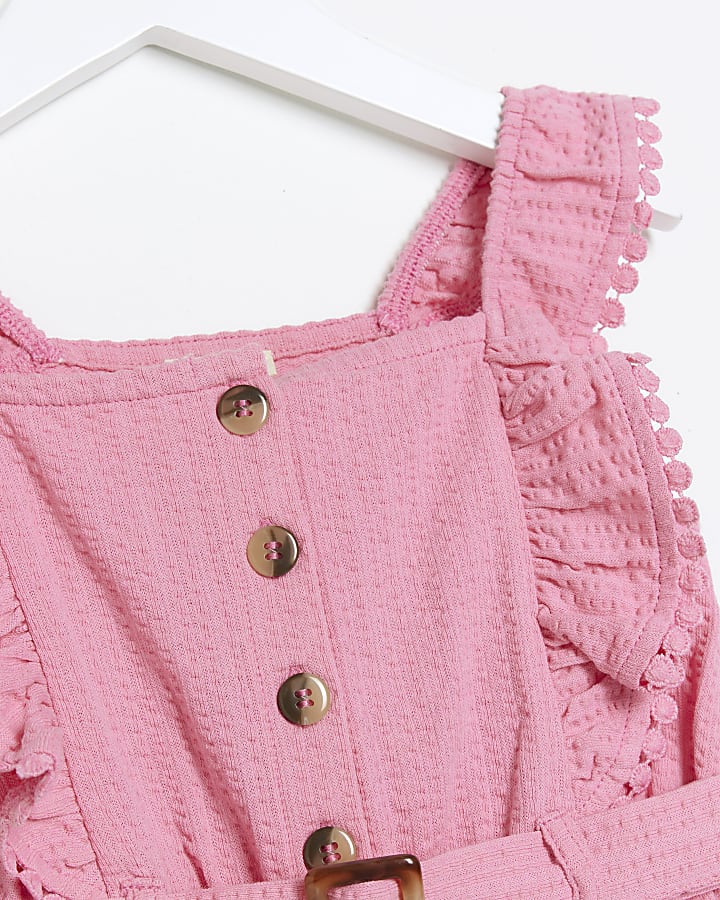 Mini girls pink textured frill playsuit