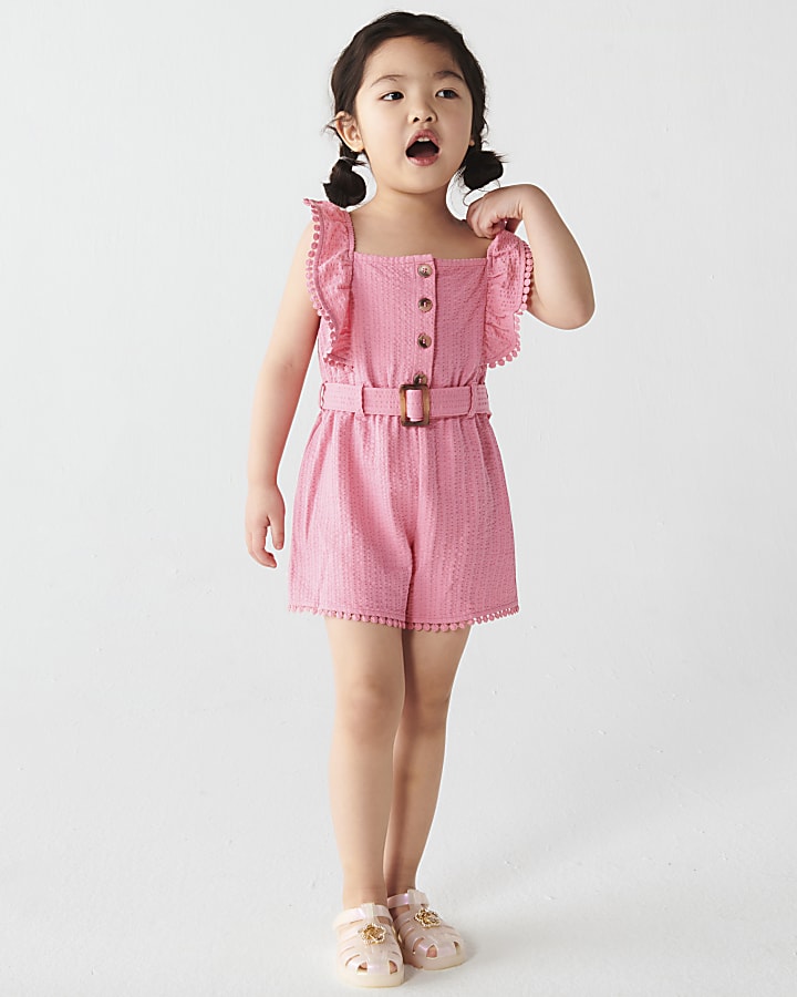 Mini girls pink textured frill playsuit