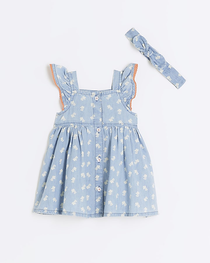 Baby girls blue floral dress and headband set