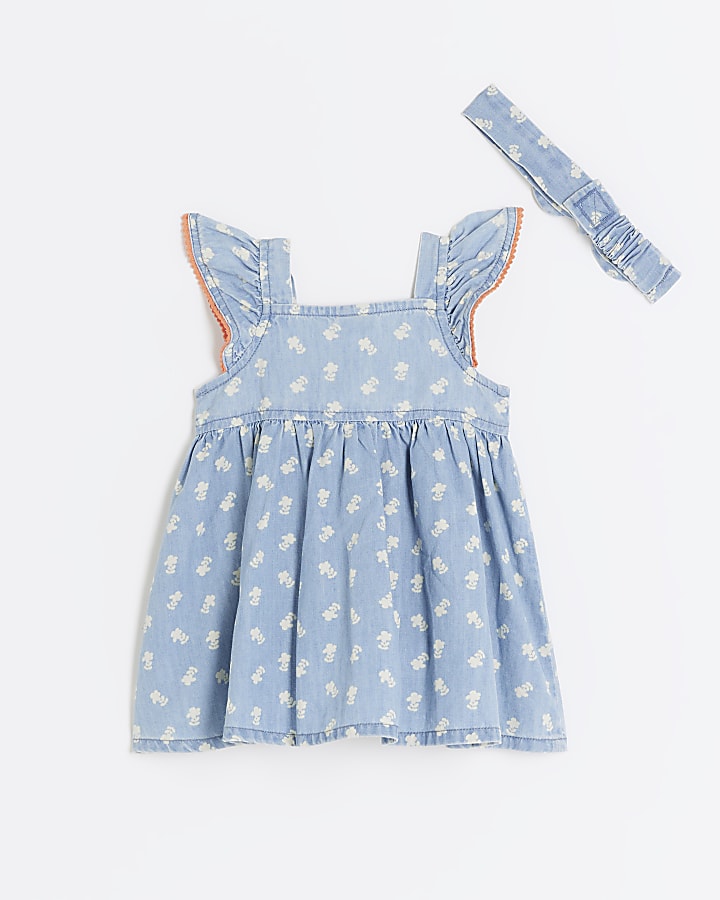 Baby girls blue floral dress and headband set